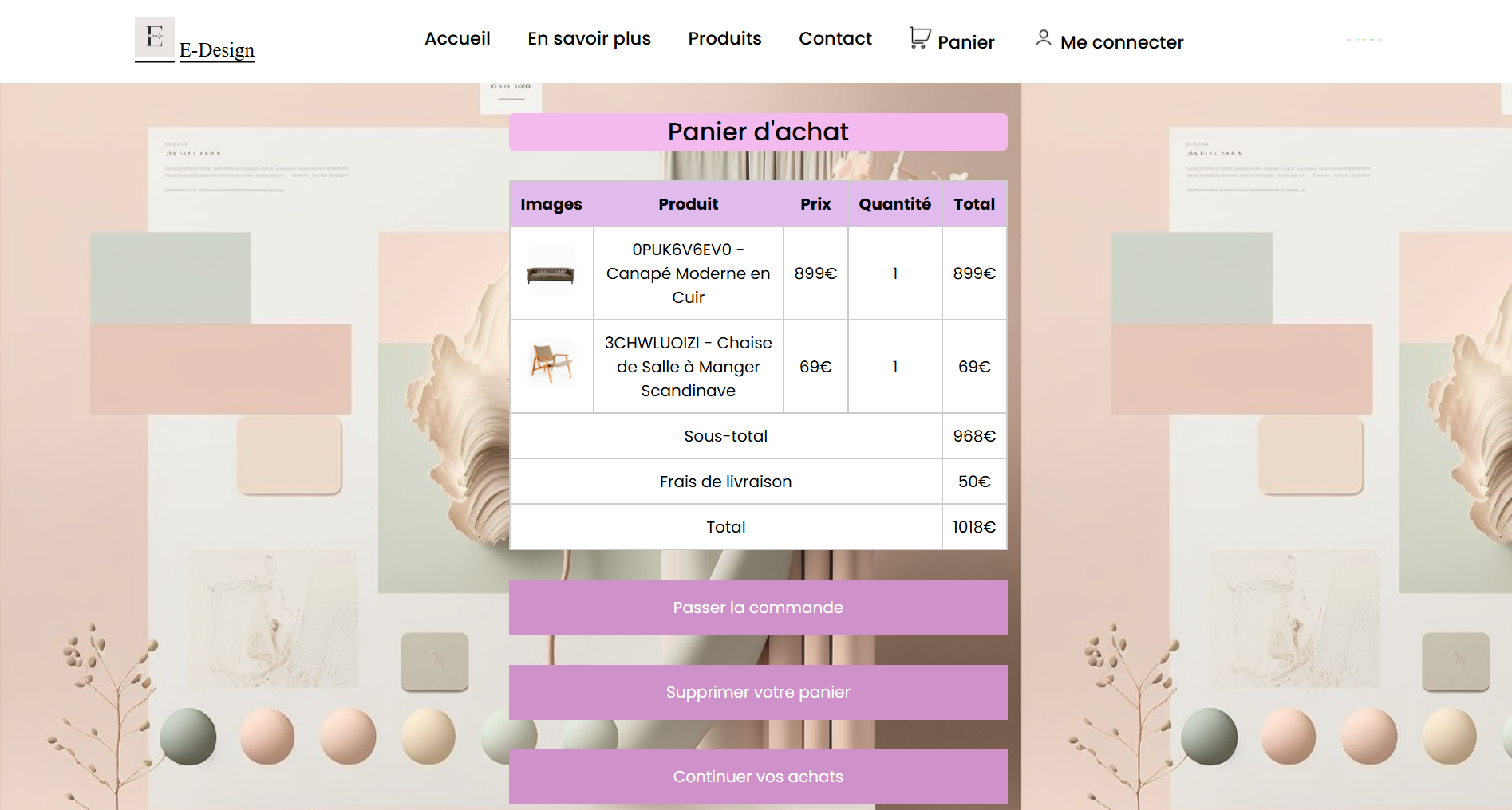 Panier avec articles ajoutés et prix total
