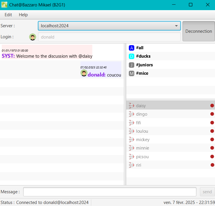 Capture d'écran de l'application Chat - interface JavaFX avec liste de contacts et fenêtre de messagerie